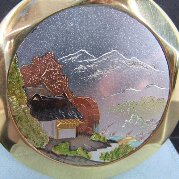 Vintage Women's Powder Compact with Powder Puff Gold Tone Cabin Waterwheel Scene - Picture 2 of 8